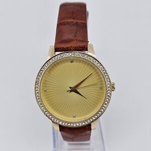 Croton Women's Watch 37MM Gold Dial Brown Faux‎ Leather Band New Battery